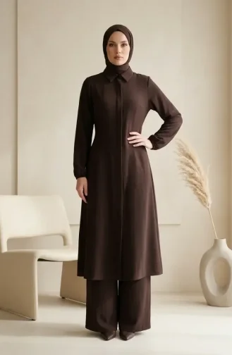 Gömlek Yaka Gizli Düğmeli Tunik Pantolon ikili Takım 1003-11 Koyu Kahverengi