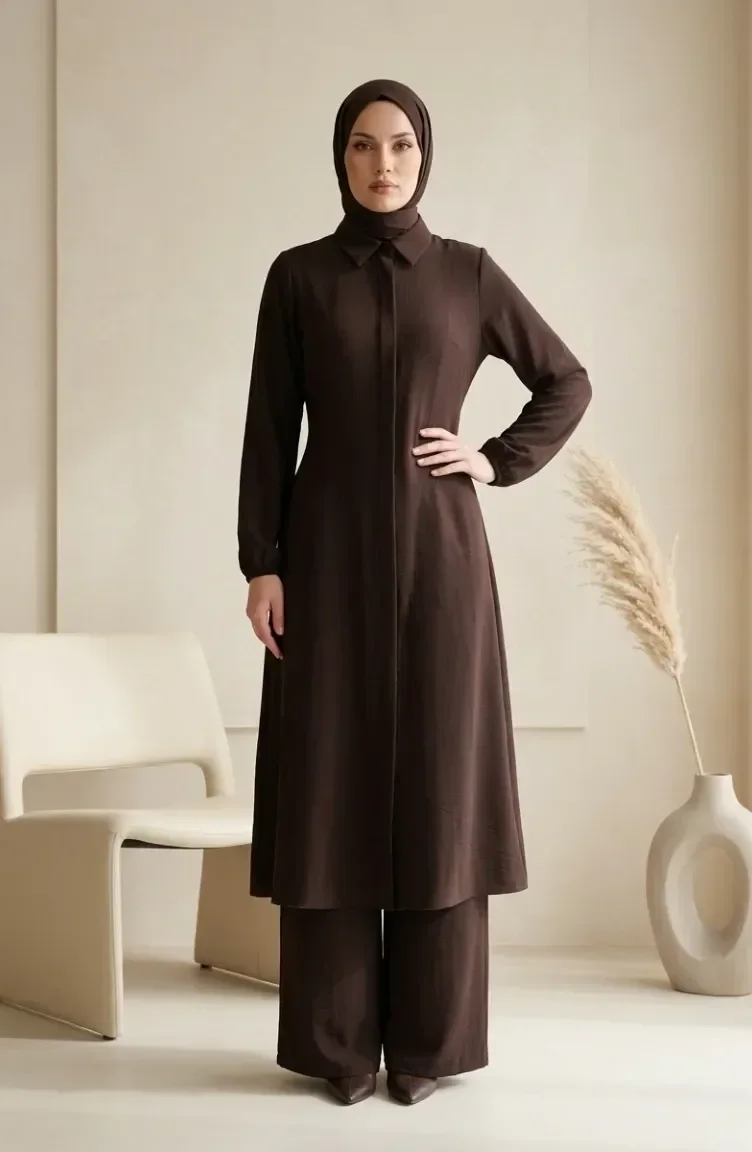 Gömlek Yaka Gizli Düğmeli Tunik Pantolon ikili Takım 1003-11 Koyu Kahverengi