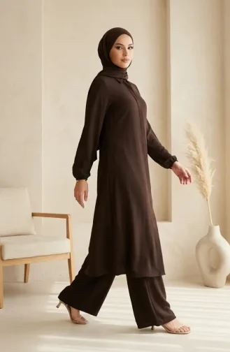 Gömlek Yaka Gizli Düğmeli Tunik Pantolon ikili Takım 1003-11 Koyu Kahverengi