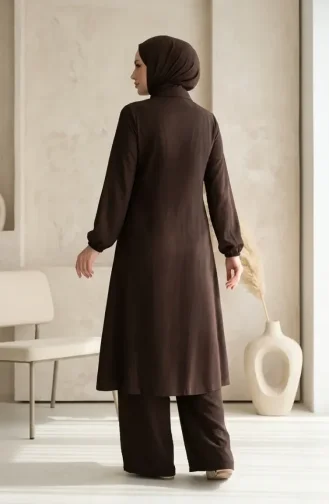 Gömlek Yaka Gizli Düğmeli Tunik Pantolon ikili Takım 1003-11 Koyu Kahverengi