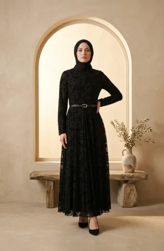 Robe Hijab Ceinturée Imprimée Floquée 5733-01 Noire 5733-01