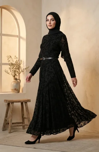 Robe Hijab Ceinturée Imprimée Floquée 5733-01 Noire 5733-01