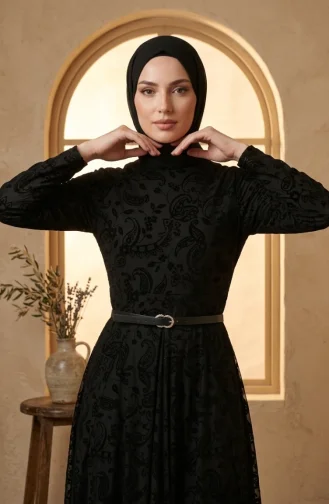Robe Hijab Ceinturée Imprimée Floquée 5733-01 Noire 5733-01