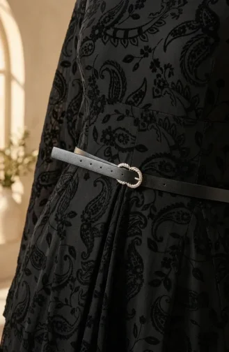 Robe Hijab Ceinturée Imprimée Floquée 5733-01 Noire 5733-01