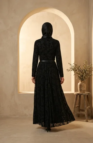 Robe Hijab Ceinturée Imprimée Floquée 5733-01 Noire 5733-01
