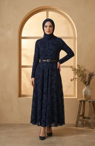 Robe Hijab Ceinturée Imprimée Floquée 5733-02 Bleu Marine 5733-02