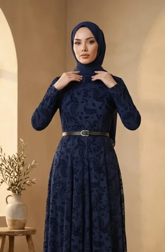 Robe Hijab Ceinturée Imprimée Floquée 5733-02 Bleu Marine 5733-02