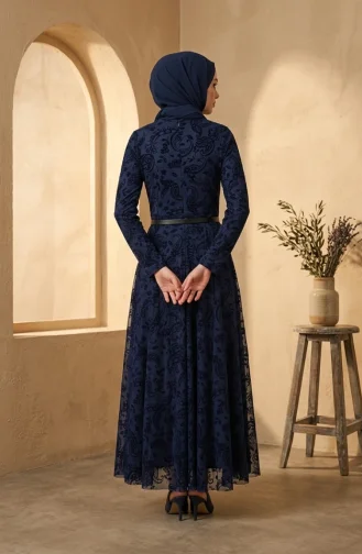 Robe Hijab Ceinturée Imprimée Floquée 5733-02 Bleu Marine 5733-02