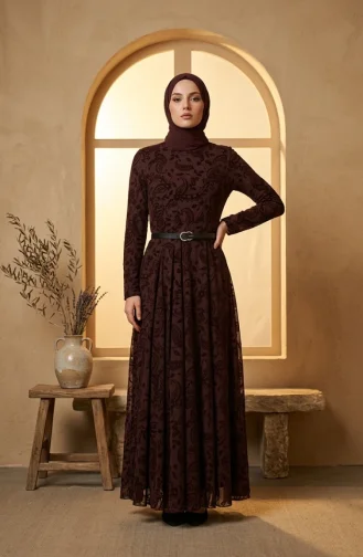 Robe Hijab Ceinturée Imprimée Floquée 5733-03 Marron 5733-03
