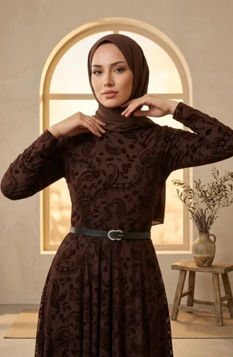 Robe Hijab Ceinturée Imprimée Floquée 5733-03 Marron 5733-03