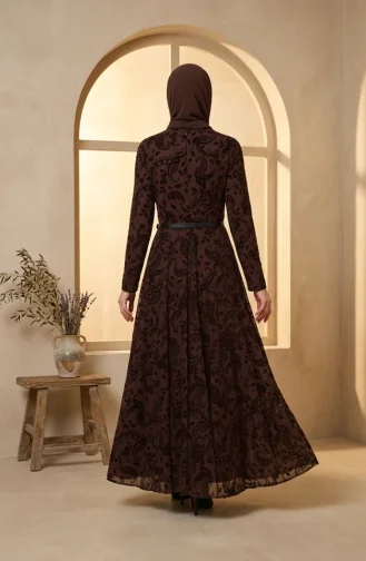 Robe Hijab Ceinturée Imprimée Floquée 5733-03 Marron 5733-03