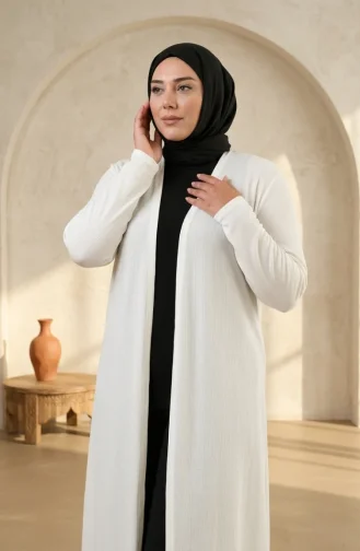 Büyük Beden Dökümlü Uzun Mevsimlik Hırka 8740-03 Kırık Beyaz 8740-03