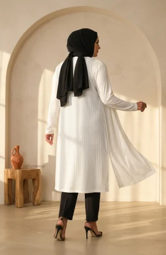 Büyük Beden Dökümlü Uzun Mevsimlik Hırka 8740-03 Kırık Beyaz 8740-03