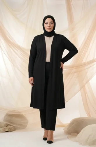 Büyük Beden Dökümlü Uzun Mevsimlik Hırka 8740A-01 Siyah 8740A-01