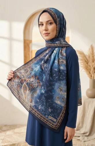 Floral Patterned Amber Scarf 70360-07 Navy Blue 70360-07