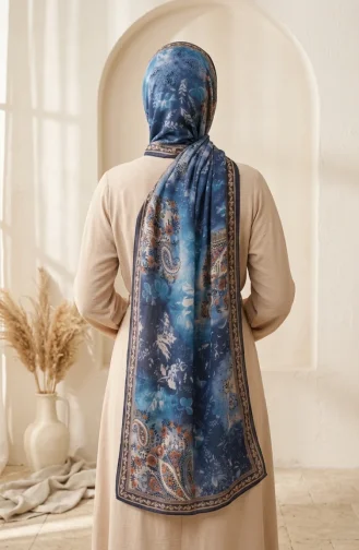Floral Patterned Amber Scarf 70360-07 Navy Blue 70360-07