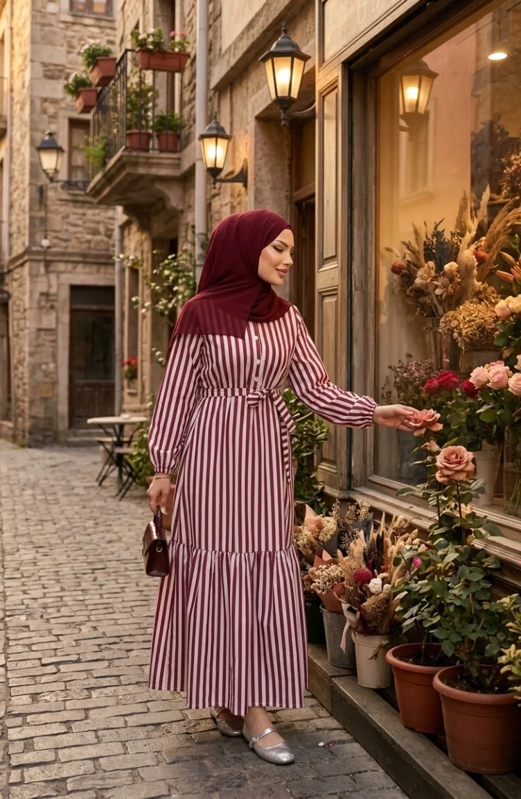 Robe Hijab Rayée En Lin Taille élastique Et Ceinture 0323-01 Prune 0323-01