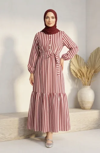 Robe Hijab Rayée En Lin Taille élastique Et Ceinture 0323-01 Prune 0323-01