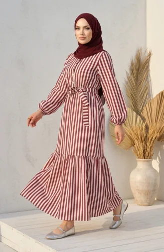 Robe Hijab Rayée En Lin Taille élastique Et Ceinture 0323-01 Prune 0323-01