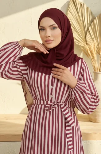 Robe Hijab Rayée En Lin Taille élastique Et Ceinture 0323-01 Prune 0323-01