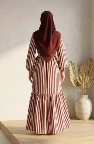 Robe Hijab Rayée En Lin Taille élastique Et Ceinture 0323-01 Prune 0323-01