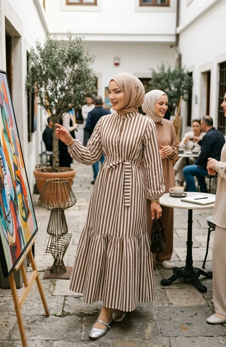 Robe Hijab Rayée En Lin Avec Taille élastique Et Ceinture 0323-03 Marron 0323-03