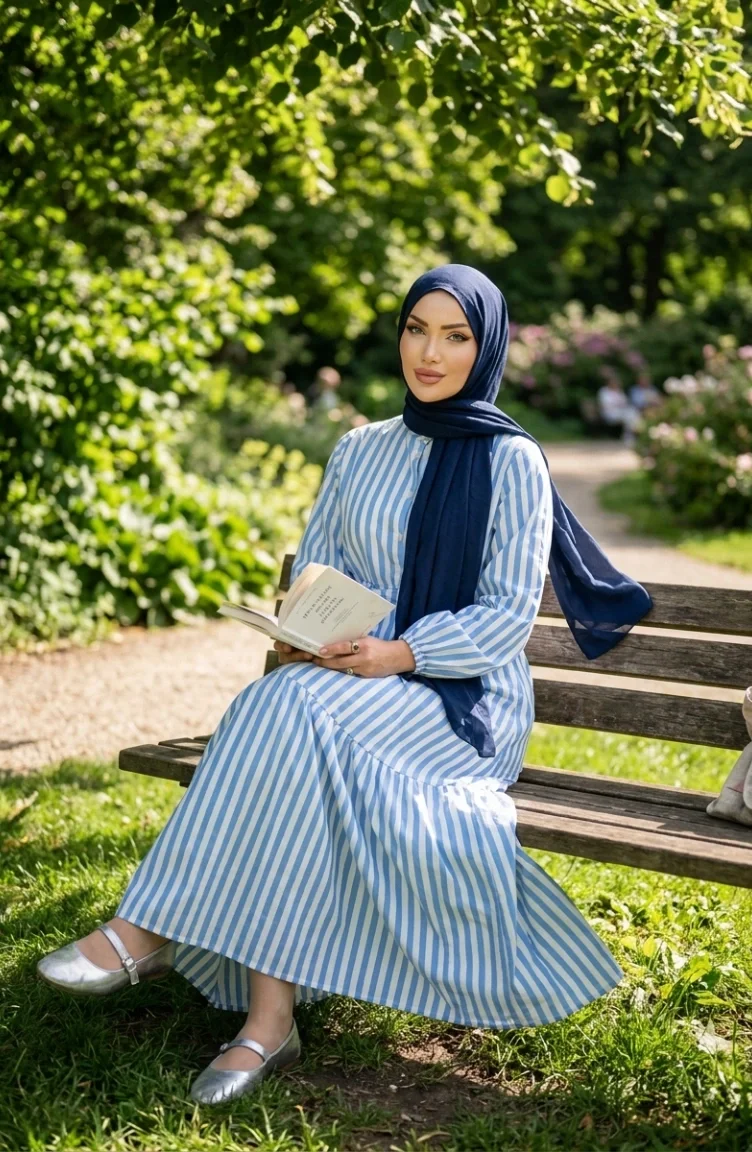 Robe Hijab Rayée En Lin Bleu à Taille élastique Et Ceinture 0323-04 0323-04
