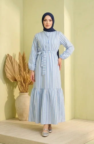 Robe Hijab Rayée En Lin Bleu à Taille élastique Et Ceinture 0323-04 0323-04