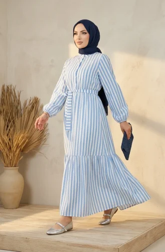Robe Hijab Rayée En Lin Bleu à Taille élastique Et Ceinture 0323-04 0323-04