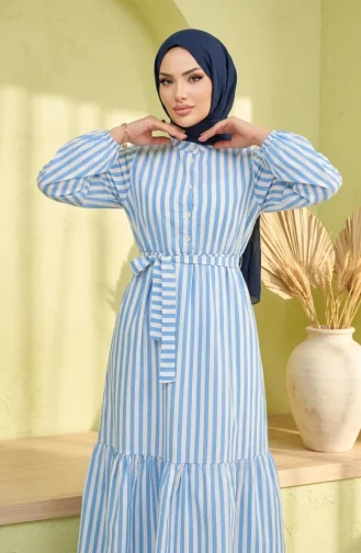 Robe Hijab Rayée En Lin Bleu à Taille élastique Et Ceinture 0323-04 0323-04