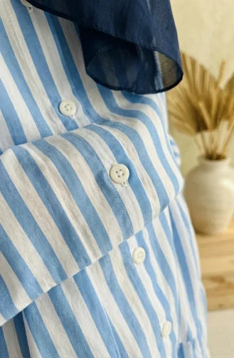 Robe Hijab Rayée En Lin Bleu à Taille élastique Et Ceinture 0323-04 0323-04