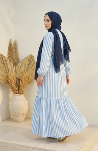 Robe Hijab Rayée En Lin Bleu à Taille élastique Et Ceinture 0323-04 0323-04