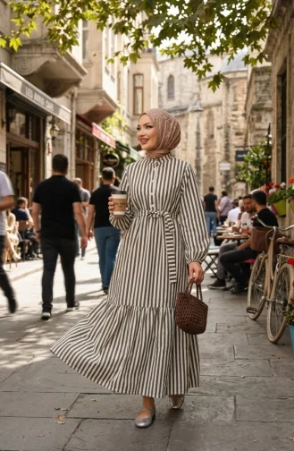 Robe Hijab Rayée En Lin Kaki à Taille élastique Et Ceinture 0323-05 0323-05