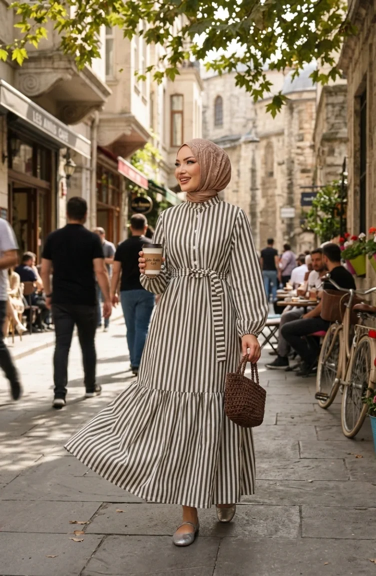 Robe Hijab Rayée En Lin Kaki à Taille élastique Et Ceinture 0323-05 0323-05