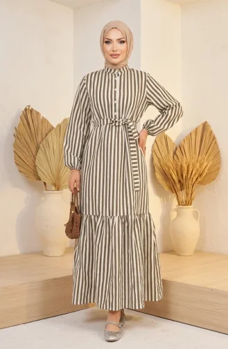 Robe Hijab Rayée En Lin Kaki à Taille élastique Et Ceinture 0323-05 0323-05