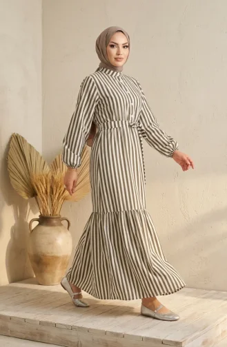 Robe Hijab Rayée En Lin Kaki à Taille élastique Et Ceinture 0323-05 0323-05