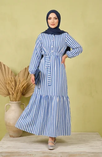 Gestreiftes Leinenkleid Mit Elastischem Bund Und Hijab-Gürtel 0323-06 Marineblau 0323-06