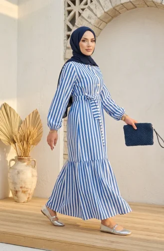 Gestreiftes Leinenkleid Mit Elastischem Bund Und Hijab-Gürtel 0323-06 Marineblau 0323-06