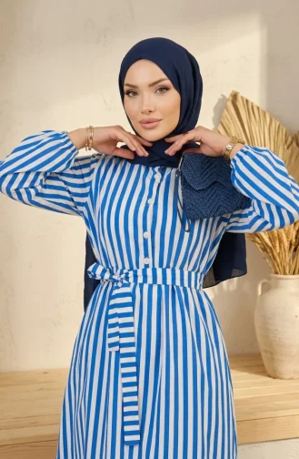 Gestreiftes Leinenkleid Mit Elastischem Bund Und Hijab-Gürtel 0323-06 Marineblau 0323-06