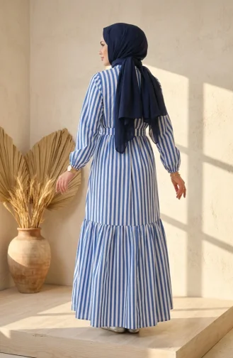 Gestreiftes Leinenkleid Mit Elastischem Bund Und Hijab-Gürtel 0323-06 Marineblau 0323-06
