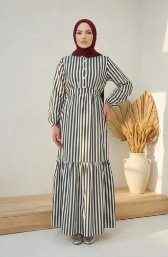 Robe Hijab Rayée En Lin Noir à Taille élastique Et Ceinture 0323-07 0323-07
