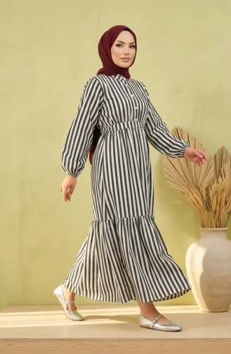 Robe Hijab Rayée En Lin Noir à Taille élastique Et Ceinture 0323-07 0323-07