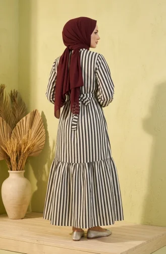 Robe Hijab Rayée En Lin Noir à Taille élastique Et Ceinture 0323-07 0323-07