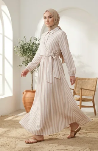 Robe Hijab En Lin Rayé Beige à Taille élastique Et Liens Sur Le Côté 0322-01 0322-01