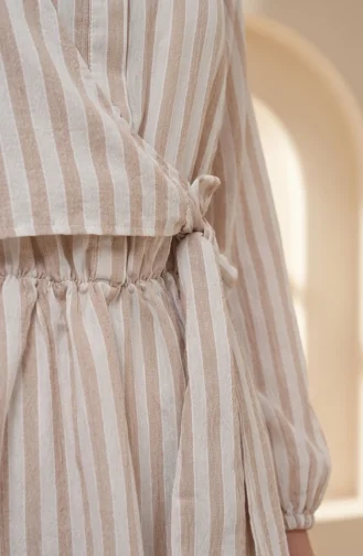 Robe Hijab En Lin Rayé Beige à Taille élastique Et Liens Sur Le Côté 0322-01 0322-01