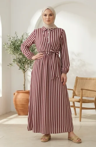 Robe Hijab En Lin Rayé à Taille élastique Et Liens Sur Le Côté 0322-02 Prune 0322-02