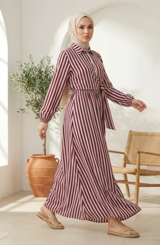 Robe Hijab En Lin Rayé à Taille élastique Et Liens Sur Le Côté 0322-02 Prune 0322-02