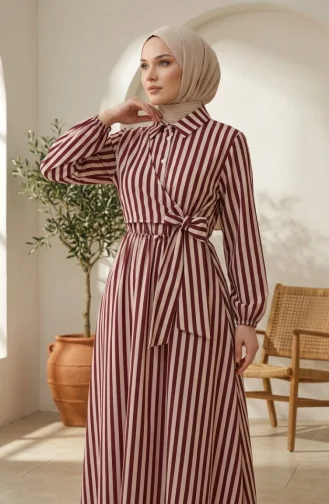 Robe Hijab En Lin Rayé à Taille élastique Et Liens Sur Le Côté 0322-02 Prune 0322-02