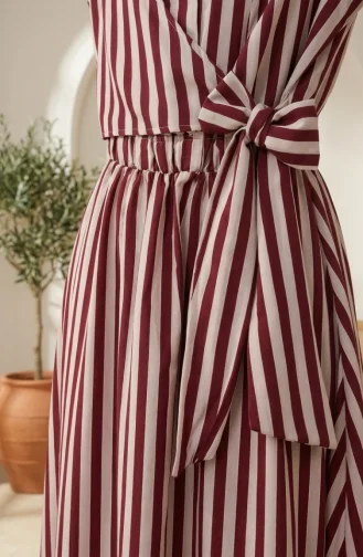 Robe Hijab En Lin Rayé à Taille élastique Et Liens Sur Le Côté 0322-02 Prune 0322-02