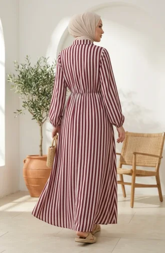 Robe Hijab En Lin Rayé à Taille élastique Et Liens Sur Le Côté 0322-02 Prune 0322-02